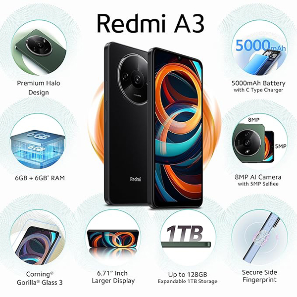 Buy Redmi A3 6 GB RAM 128 GB Midnight Black Mobile Phone - Vasanth and Co